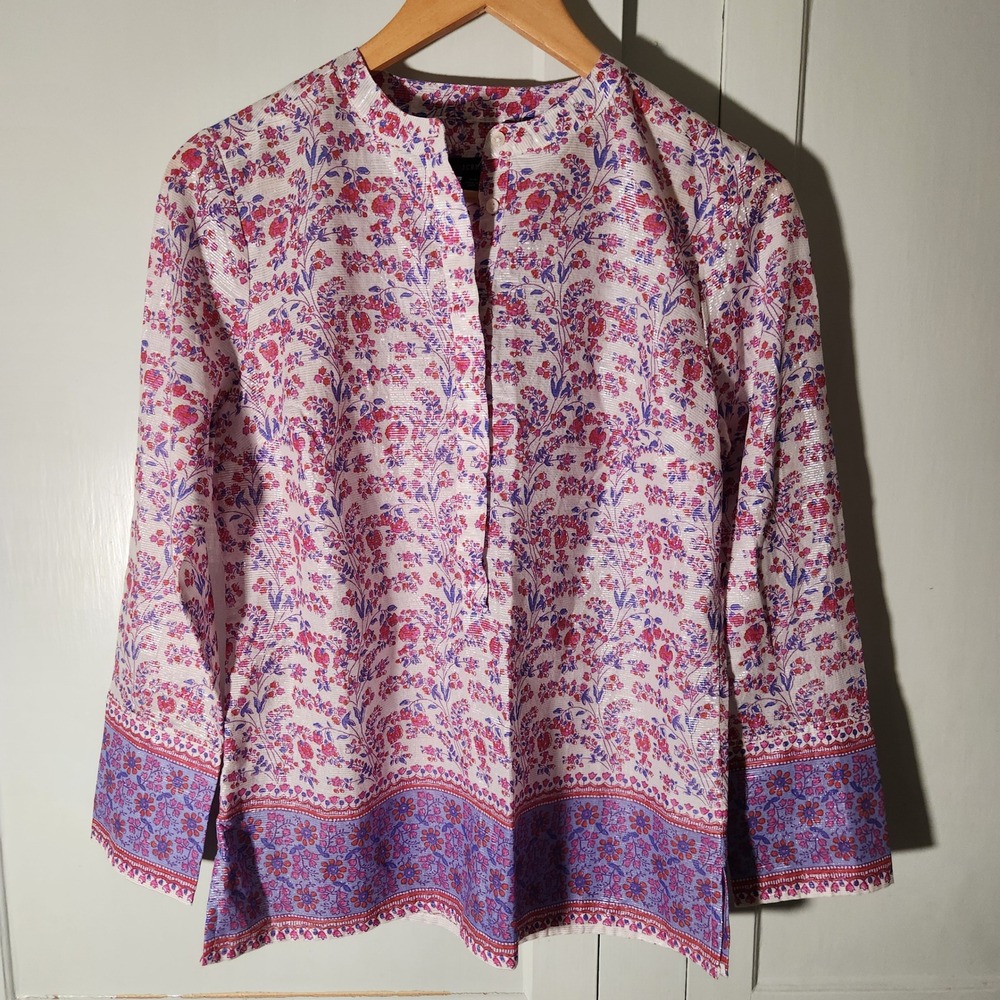 J. Crew Block Print Popover Tunic XS Pink Floral Metallic NWT